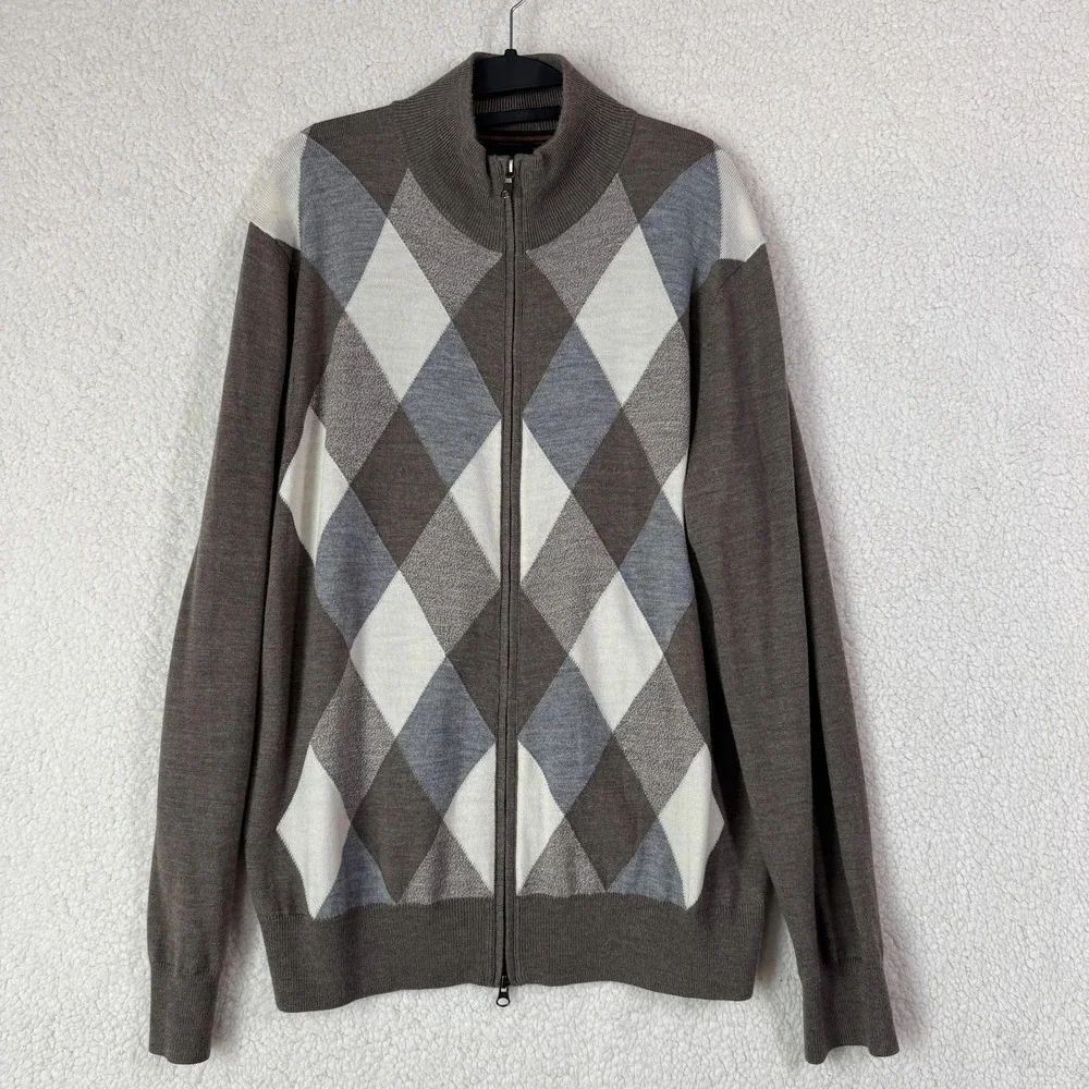 Banana Republic Sweater Mens XL Brown Argyle Full Zip Merino Wool‎ Pullover